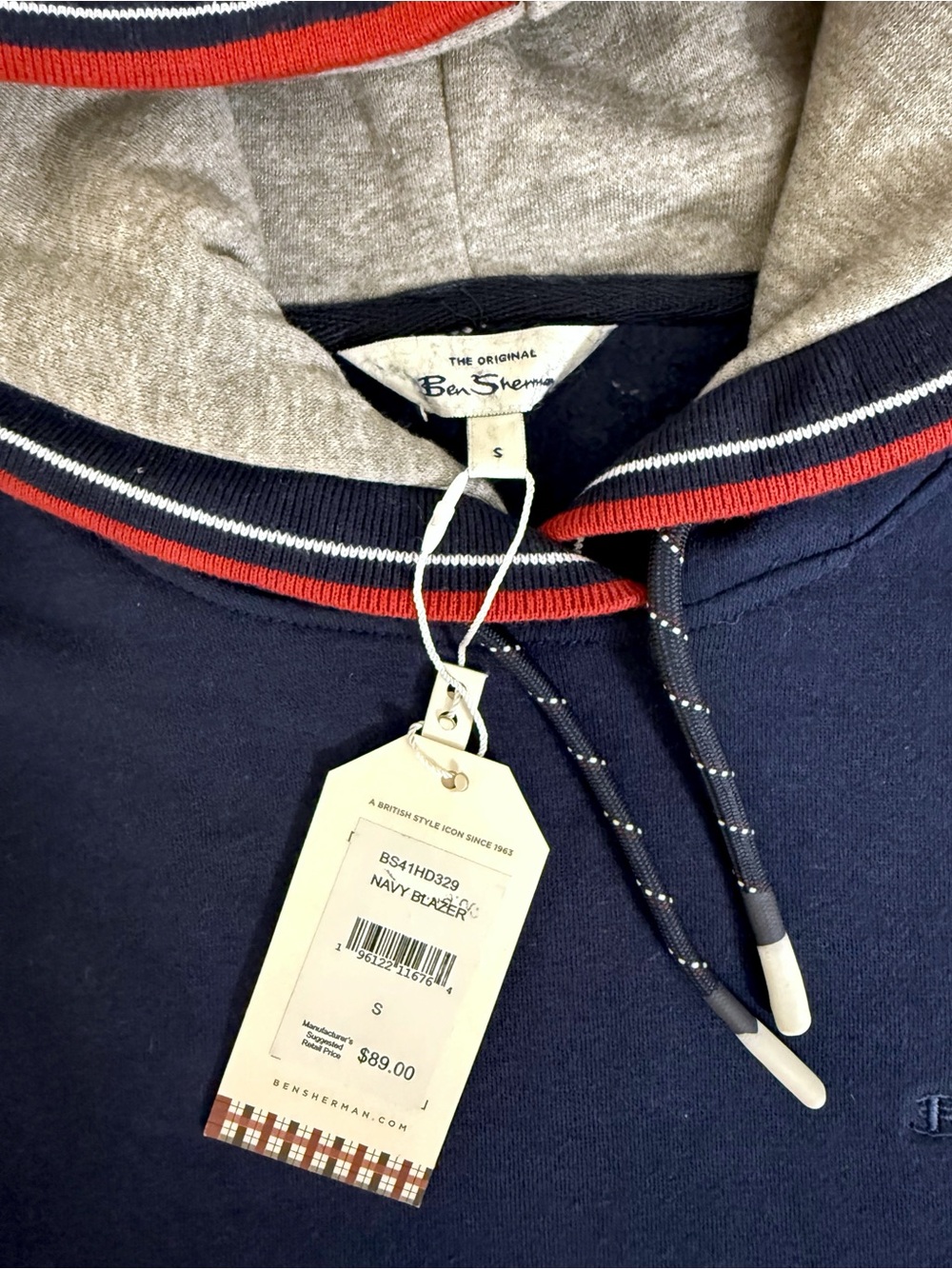 Ben Sherman Navy Hooded Pullover Sweater Red White Trim Men’s Small NWT - Picture 6 of 9